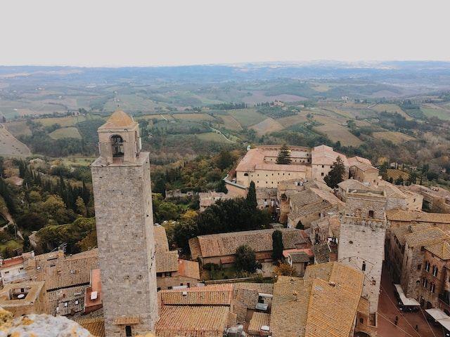 Aerial view of old buildings and fields
